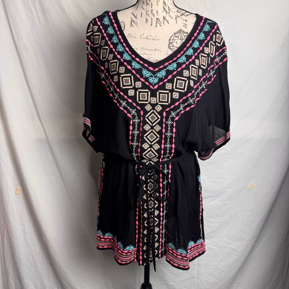 ARK & CO.  Brightly Embroidered Black Tunic Swim Cover up Size S
